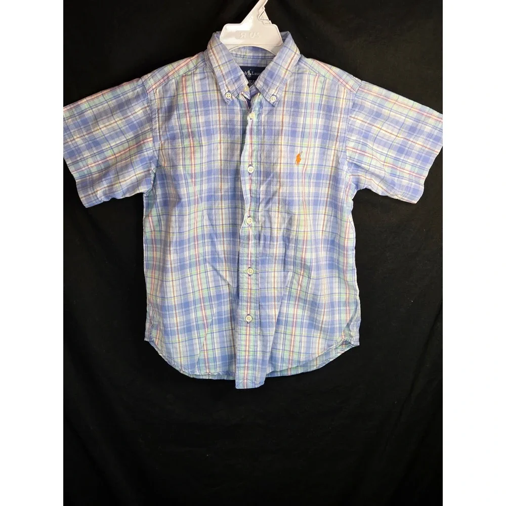 Ralph Lauren Boys Blue Plaid Short Sleeve Button Down Shirt Size‎ 6 Cotton Pony